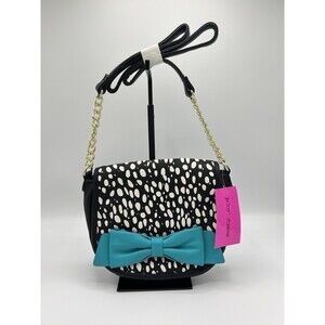NWT Betsey Johnson Crossbody Bow Flapover Flap Bag Black/White Spot Turquoise